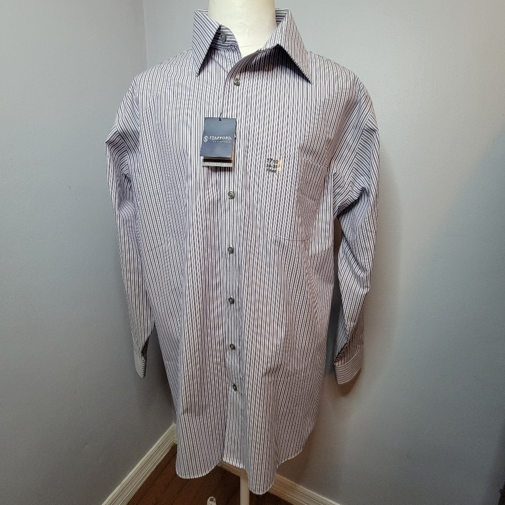 Stafford Shirt Mens 17 1/2 34-35 Everyday Purple Stripe Long Sleeve Wrinkle Free